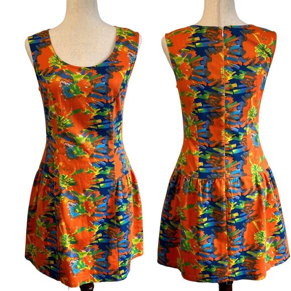 Cotton A-Line Sleeveless Dress Drop Waist Orange Blue Watercolor Size Small - Picture 1 of 7